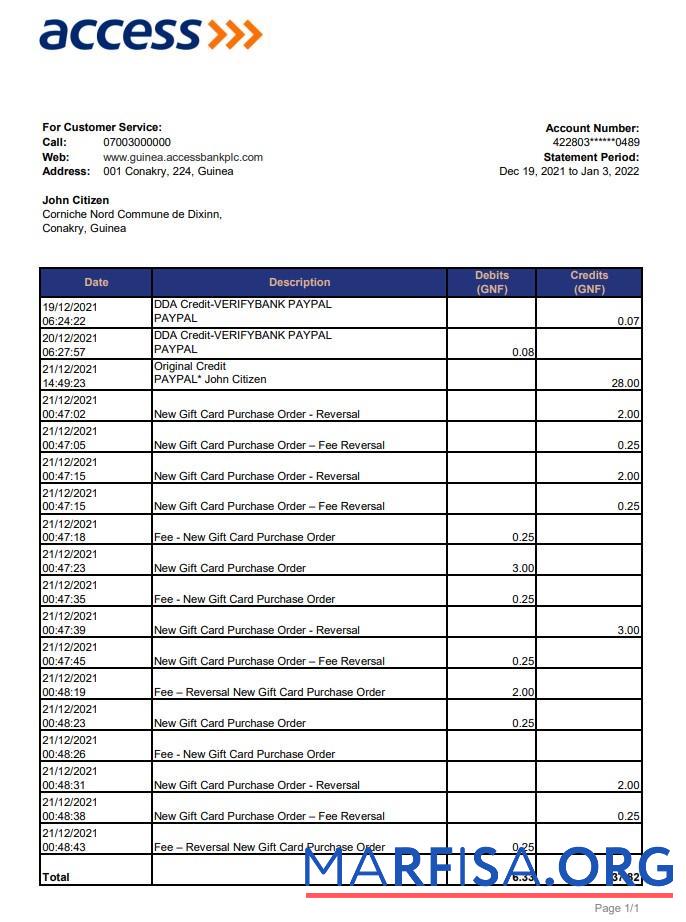 Printable Guinea Access bank statement excel real example